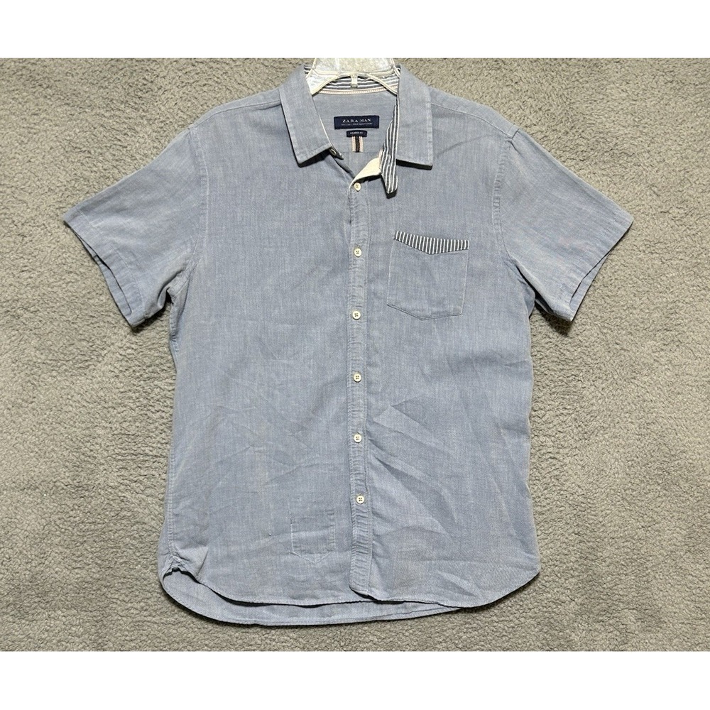Zara Navy Blue Chambray‎ Short Sleeve Shirt Mens Size Large 42 Relaxed Fit